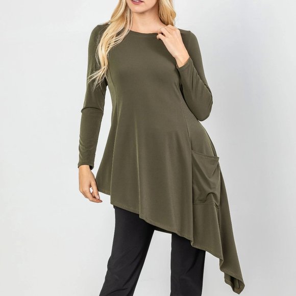 IC Collection Asymmetrical Hem TUNIC Top SZ XS Soft Knit Pocket Olive Green NEW - Picture 2 of 7